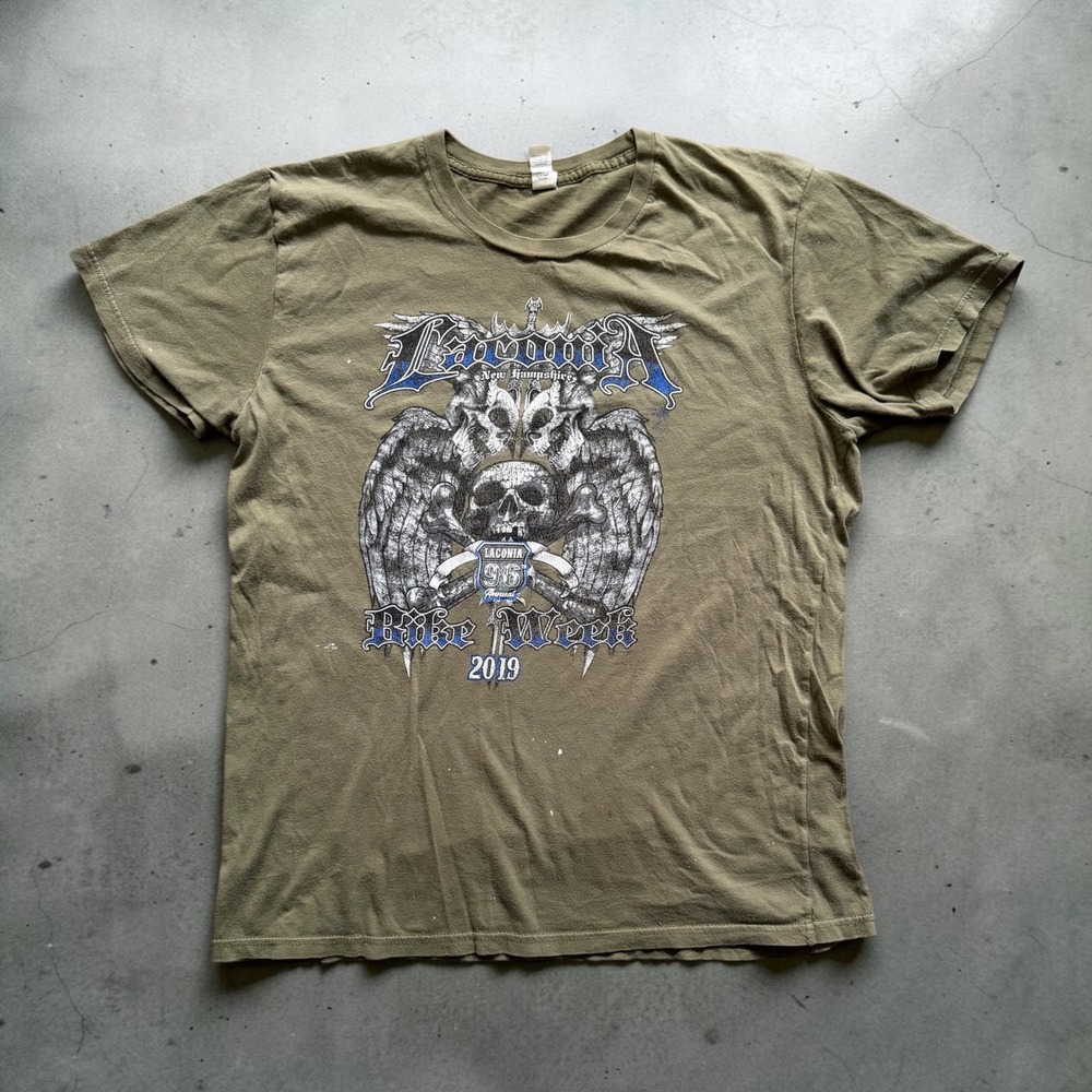 Laconia Bike Week 2019 Skull Graphic T-Shirt Mens Medium Olive Green Made in USA